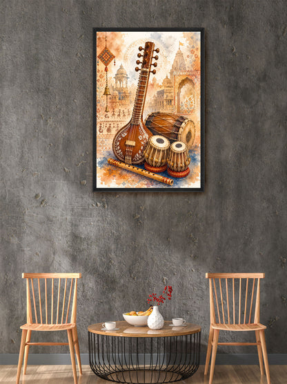 A framed wall art print featuring traditional Indian musical instruments, including a sitar, tabla, and dholak, displayed on a textured gray wall above a round wooden coffee table with two wooden chairs.