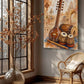 A vertical canvas wall art print featuring traditional Indian musical instruments, including a sitar, tabla, and flute, displayed in a styled room next to a window with dried flowers and a wicker chair.