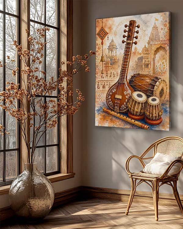 A vertical canvas wall art print featuring traditional Indian musical instruments, including a sitar, tabla, and flute, displayed in a styled room next to a window with dried flowers and a wicker chair.