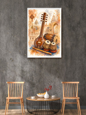 A framed wall art print featuring traditional Indian musical instruments, including a lute, tabla, and flute, displayed on a textured gray wall above a small round wooden table with two wooden chairs.
