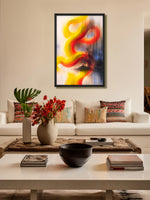 Ribbon Rhythm contemporary abstract canvas wall art featuring flowing golden yellow, orange and red ribbon forms with a serene landscape and trees