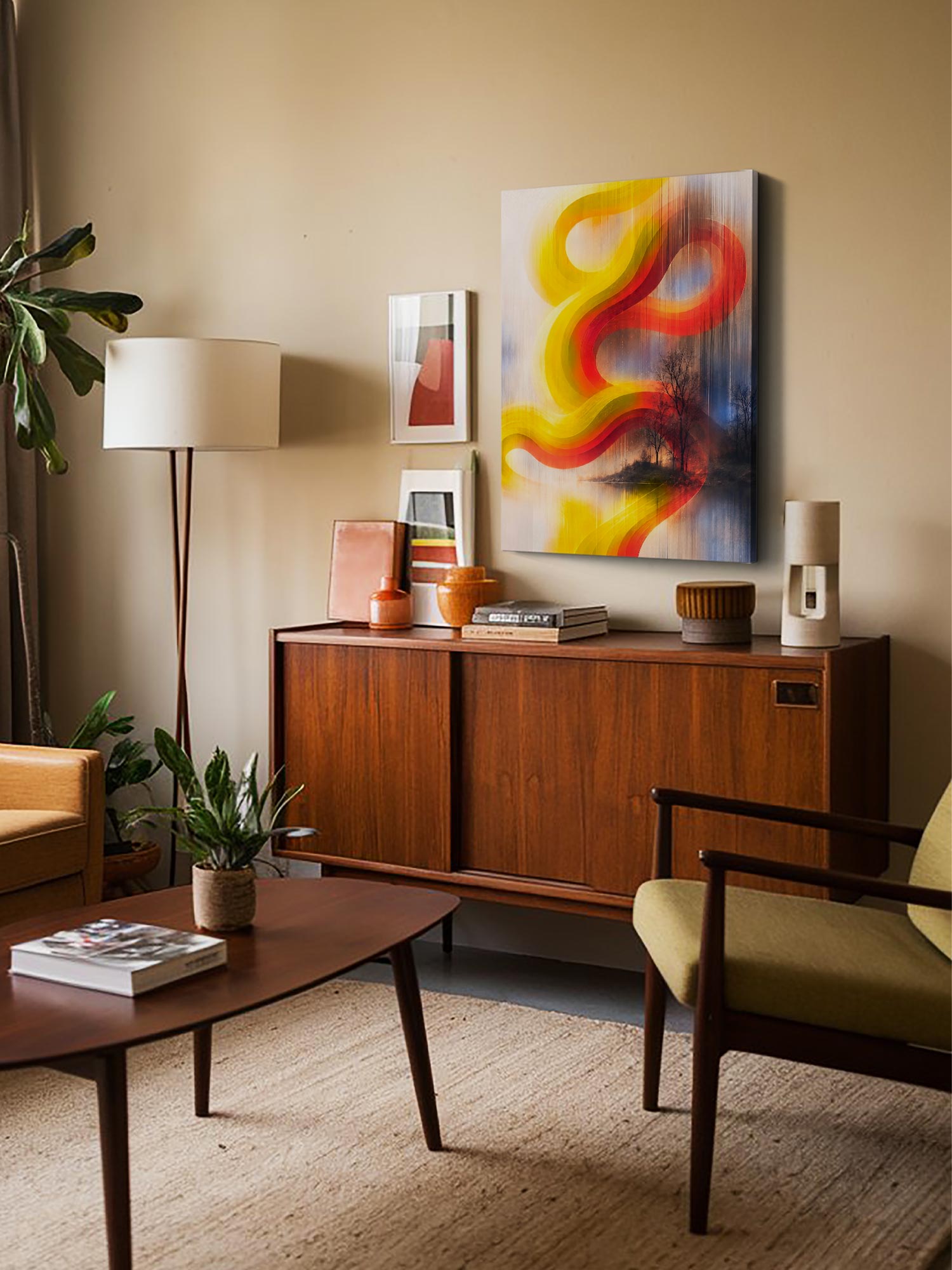 Ribbon Rhythm contemporary abstract canvas wall art featuring flowing golden yellow, orange and red ribbon forms with a serene landscape and trees