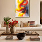 Ribbon Rhythm contemporary abstract canvas wall art featuring flowing golden yellow, orange and red ribbon forms with a serene landscape and trees