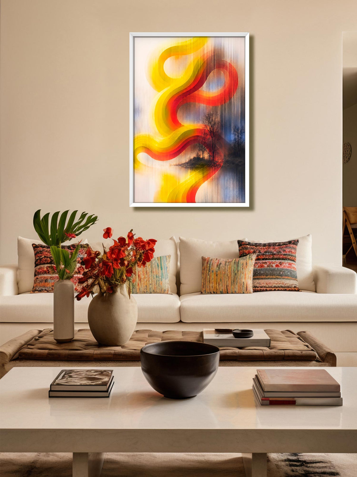 Ribbon Rhythm contemporary abstract canvas wall art featuring flowing golden yellow, orange and red ribbon forms with a serene landscape and trees