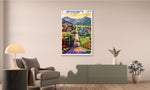Colorful mountain landscape painting on a wall in a living room with furniture and decor.