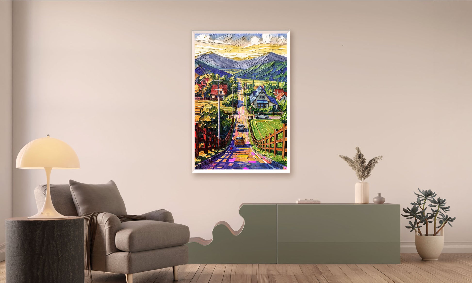 Colorful mountain landscape painting on a wall in a living room with furniture and decor.