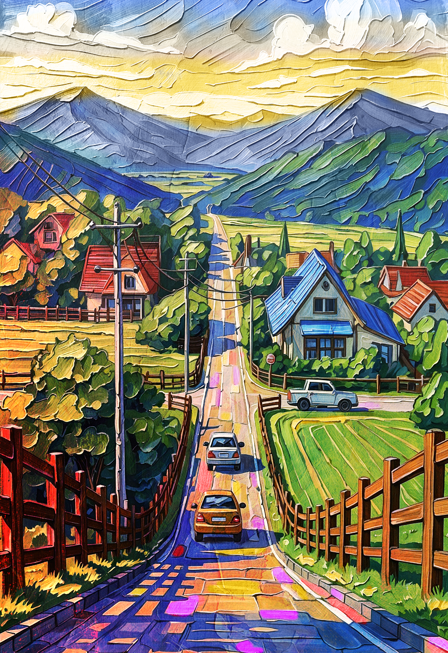 Countryside mountain canvas wall art featuring a colorful village road, charming homes, green fields, and majestic mountain scenery.