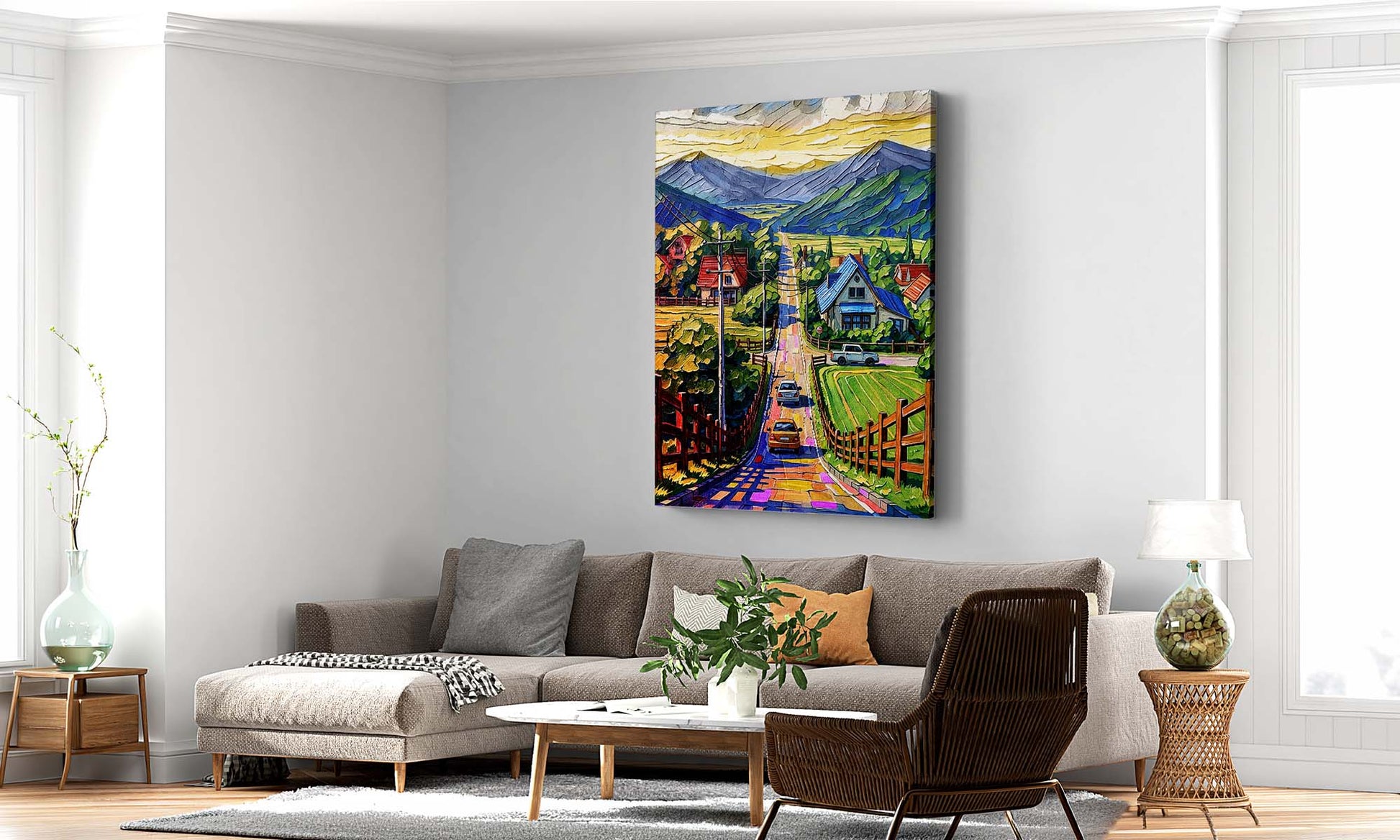 Countryside mountain canvas wall art featuring a colorful village road, charming homes, green fields, and majestic mountain scenery.