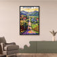 Living room with a colorful mountain landscape painting on the wall, gray armchair, and decorative items.