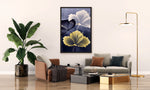 Elegant hibiscus floral canvas wall art featuring navy, ivory, and gold blossoms in a luxurious contemporary botanical design.