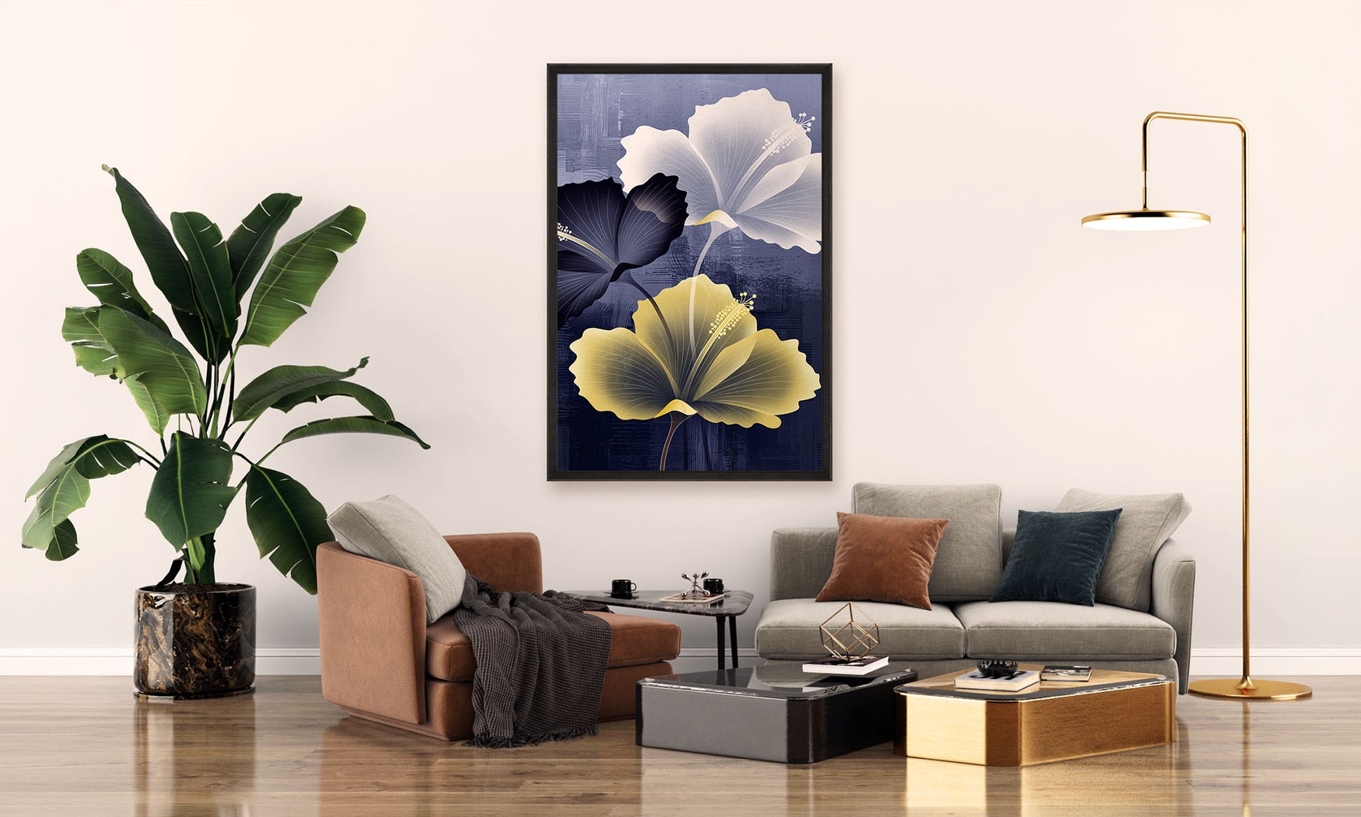 Elegant hibiscus floral canvas wall art featuring navy, ivory, and gold blossoms in a luxurious contemporary botanical design.