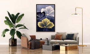 Elegant hibiscus floral canvas wall art featuring navy, ivory, and gold blossoms in a luxurious contemporary botanical design.