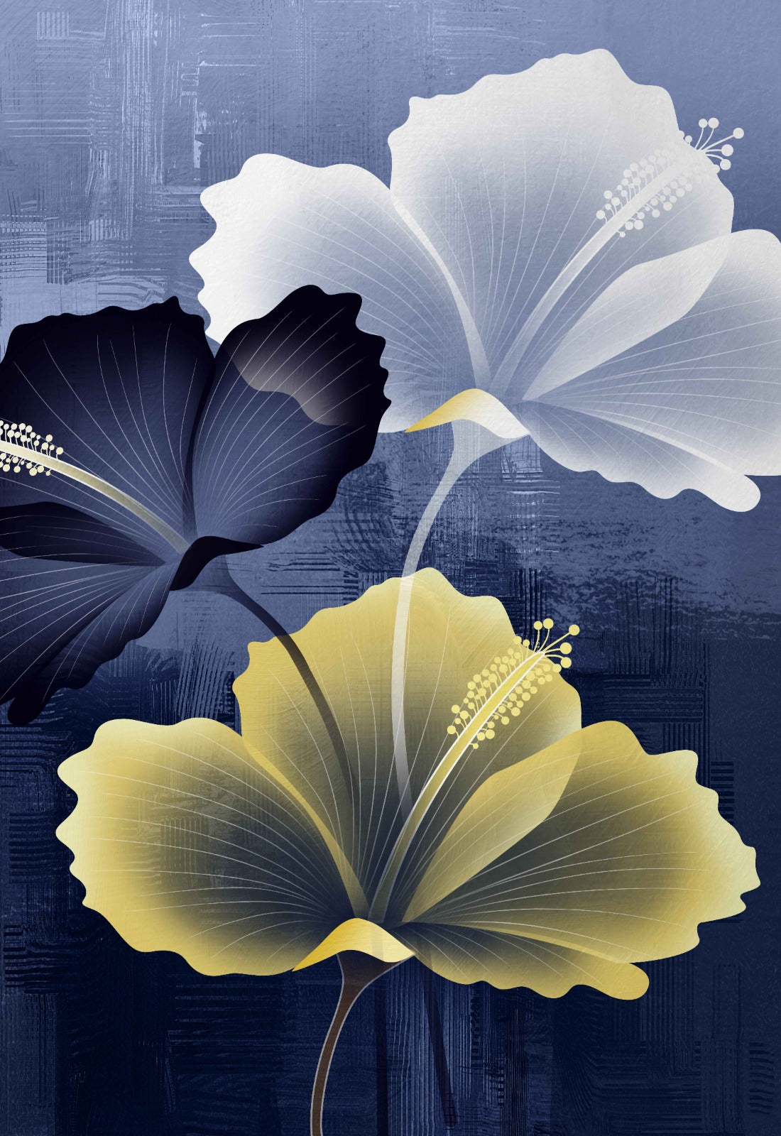 Elegant hibiscus floral canvas wall art featuring navy, ivory, and gold blossoms in a luxurious contemporary botanical design.