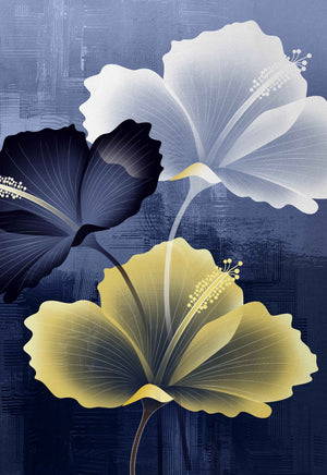 Elegant hibiscus floral canvas wall art featuring navy, ivory, and gold blossoms in a luxurious contemporary botanical design.