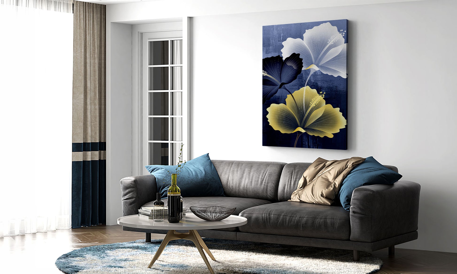 Living room with a gray sofa, coffee table, and floral artwork on the wall.