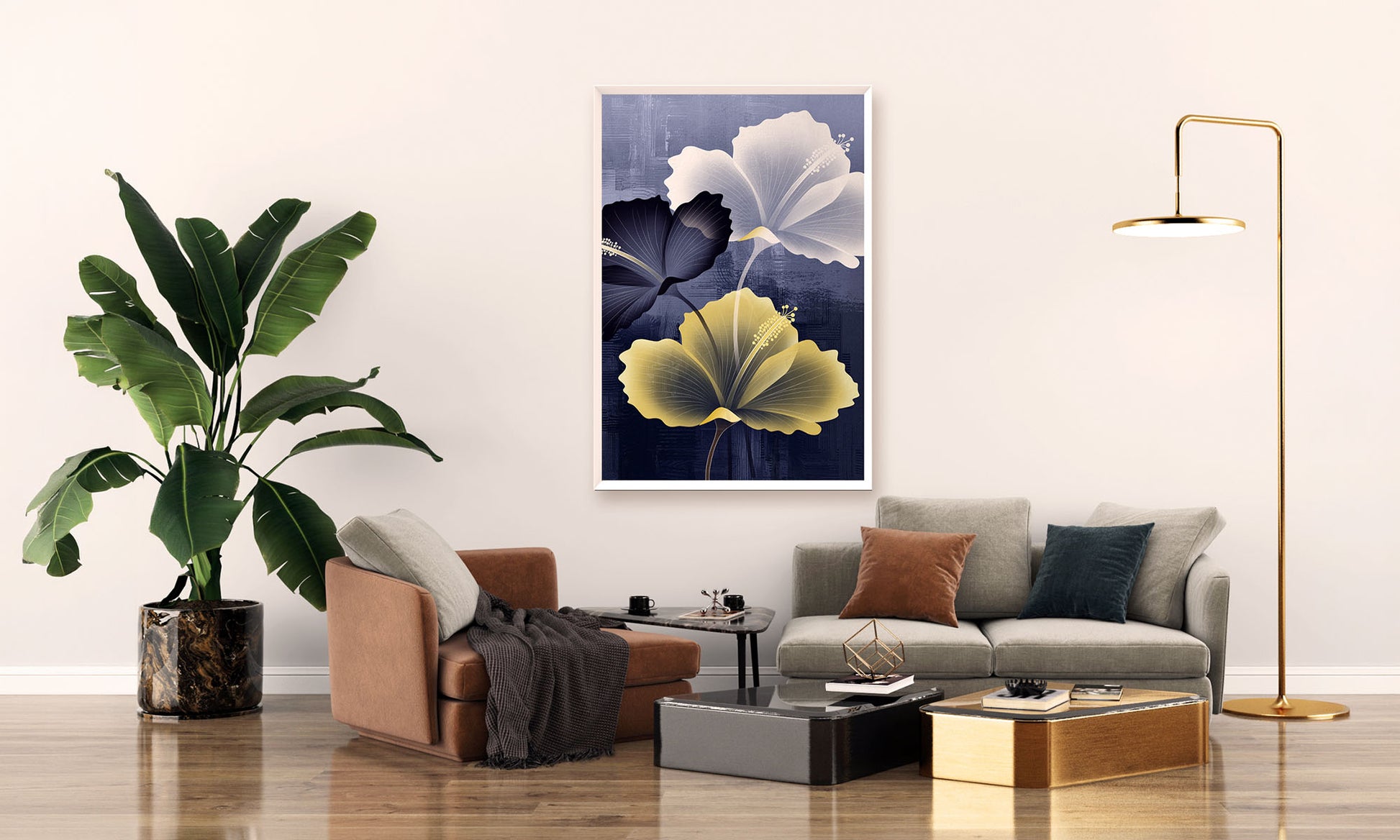 Modern living room with a grey sofa, brown armchair and hibiscus.