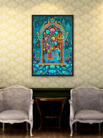 A framed colorful wall art print depicting a stylized elephant and floral arch, displayed on a patterned wallpaper wall above a small table between two gray upholstered chairs.