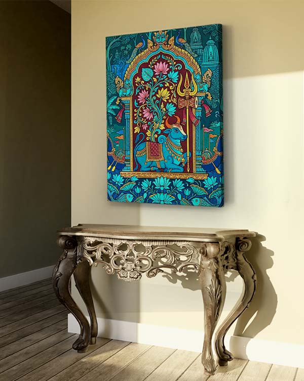 A colorful rectangular wall art print depicting a stylized archway with floral and ornamental motifs, displayed above a carved console table in a beige room.