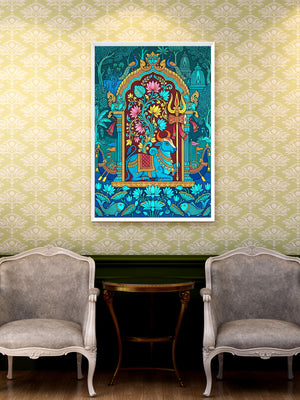 A colorful framed art print depicting a traditional Indian style illustration with a blue elephant and floral arch, displayed on a patterned wallpaper wall above a small table and two gray armchairs.