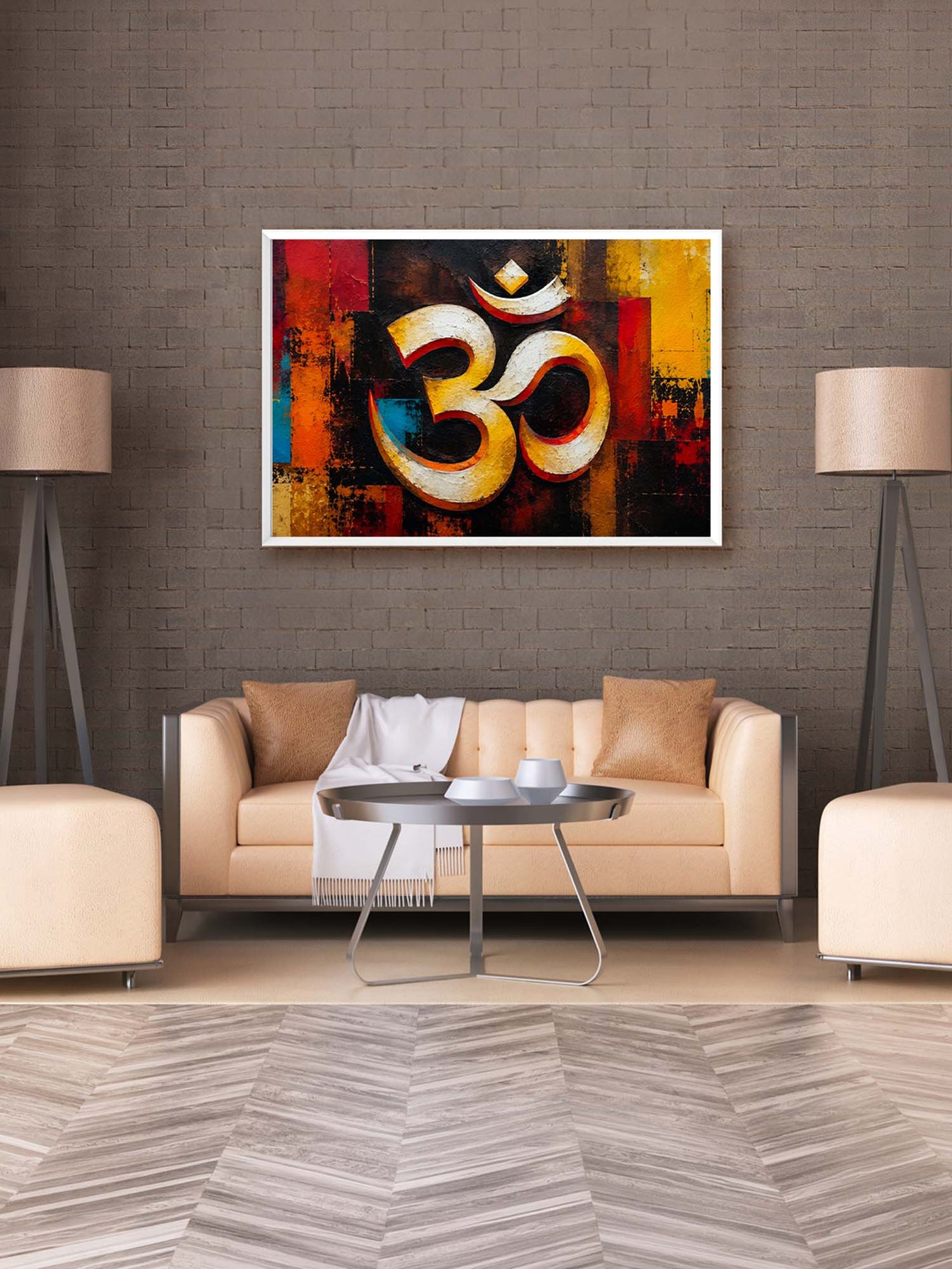 Modern living room with a beige sofa, round glass table, and abstract Om  art painting on the wall.