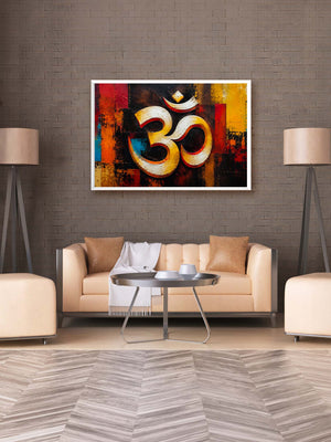 Modern living room with a beige sofa, round glass table, and abstract Om  art painting on the wall.
