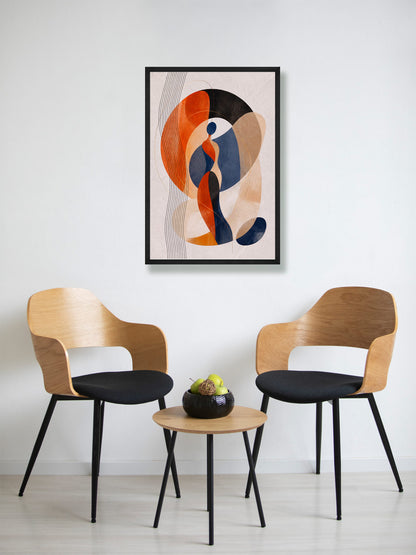 A framed abstract art print hangs on a white wall above two modern wooden chairs with black seats and a small round wooden side table in between.