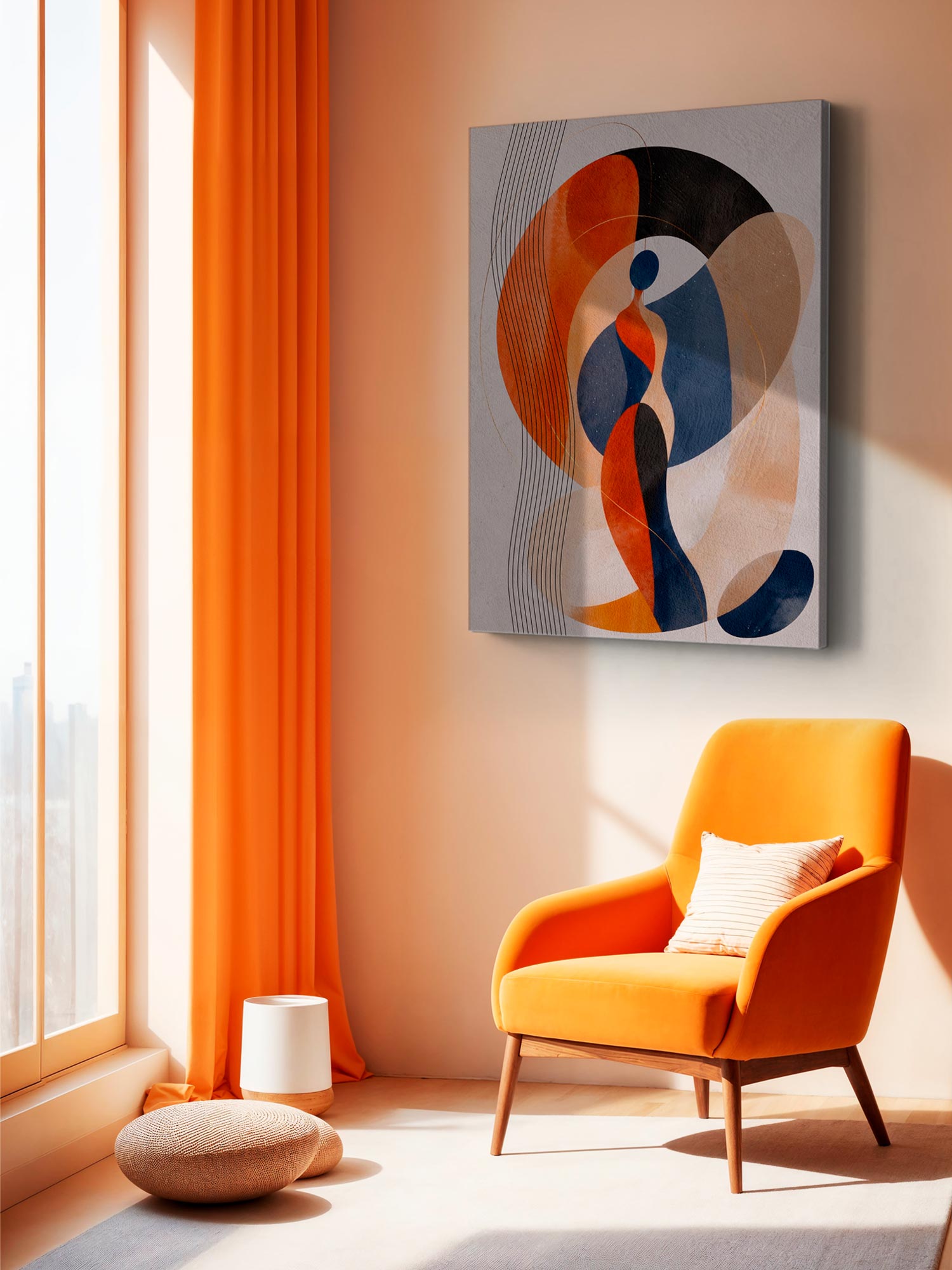 Abstract wall art featuring two stylized human figures in orange, navy, black, beige, and gray, displayed on a beige wall in a modern room with an orange armchair, orange curtains, and a window.