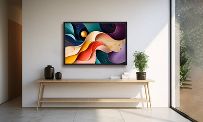 A framed abstract art print with flowing waves of blue, purple, orange, yellow, and red hangs on a white wall above a light wood console table in a modern interior setting.
