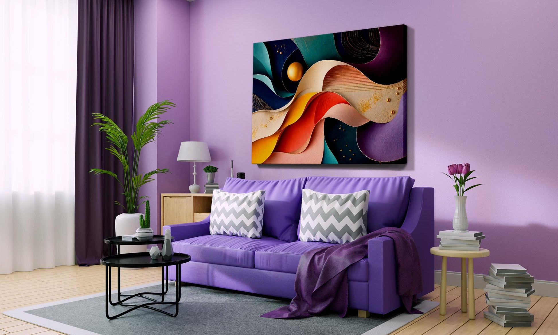 A colorful abstract canvas wall art print hangs on a lavender purple wall above a matching purple sofa in a modern living room setting.