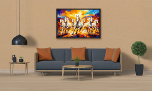 Living room with a blue sofa, orange cushions, and a colourful abstract painting of horses on the wall.