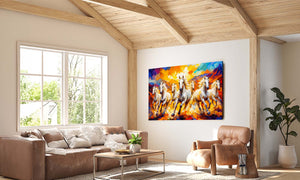 Living room with a colourful painting of seven horses on the wall