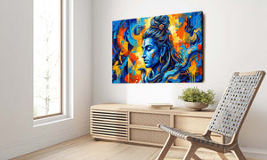 Colourful painting of a Shiva on a wall in a modern room with a chair and window.