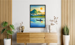 Framed artwork of a mountain and sunset scene above a wooden cabinet in a room with plants.