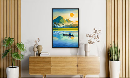 Framed artwork of a mountain and sunset scene above a wooden cabinet in a room with plants.