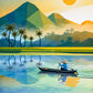 Surreal landscape with a person in a boat on a reflective lake, palm trees, and mountains under a large sun.