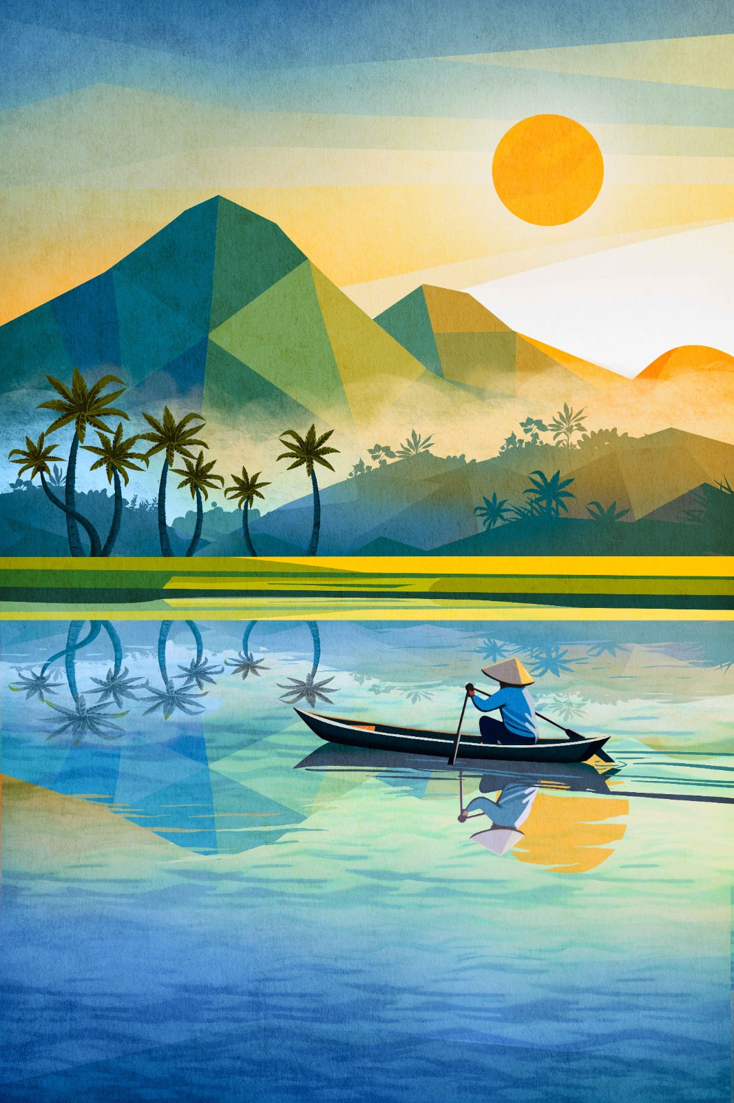 Surreal landscape with a person in a boat on a reflective lake, palm trees, and mountains under a large sun.