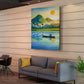 Modern living room with a painting of a mountain landscape, sofa, and plant.