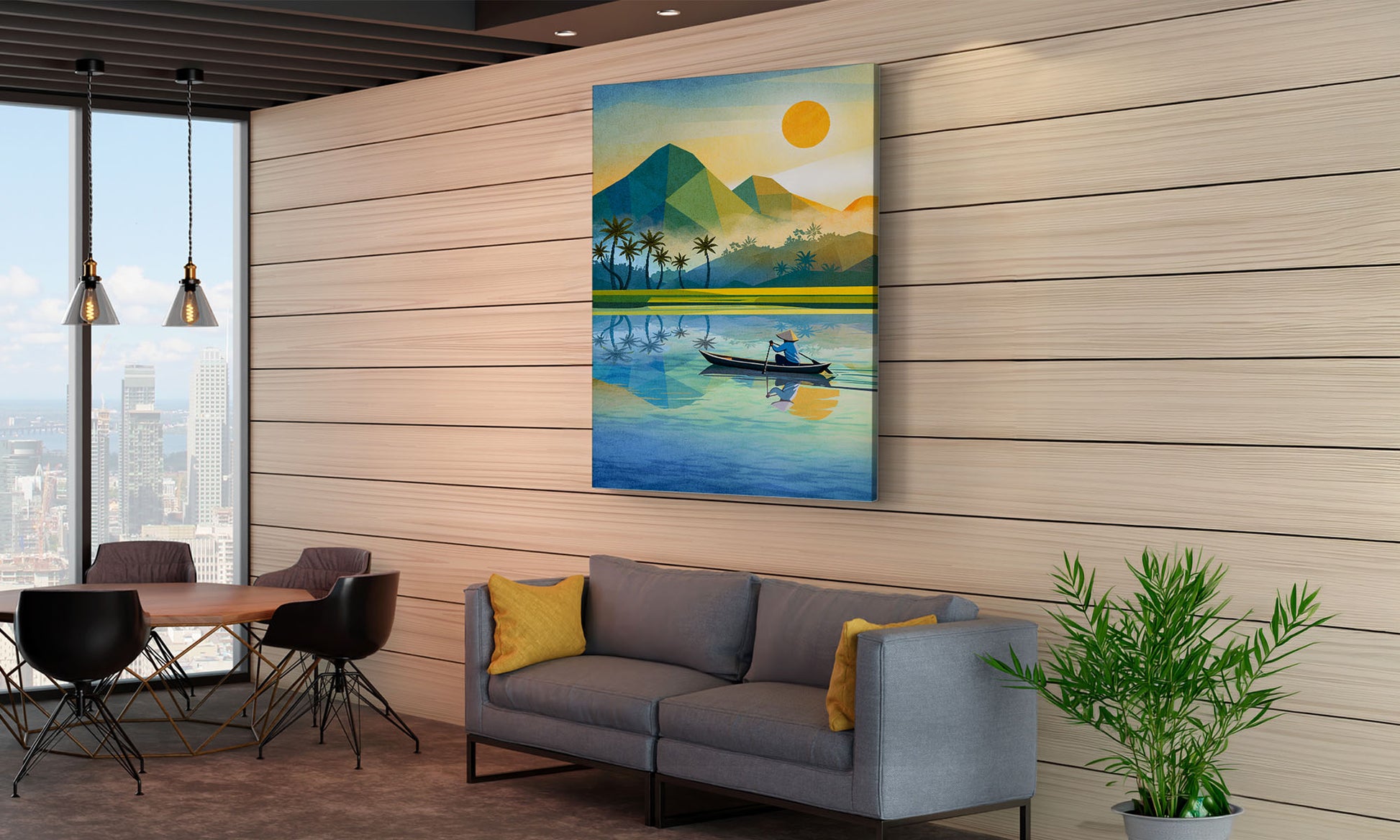 Modern living room with a painting of a mountain landscape, sofa, and plant.