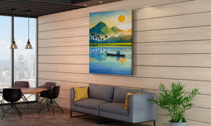 Modern living room with a painting of a mountain landscape, sofa, and plant.
