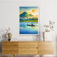 Modern mountain lake canvas wall art featuring a lone boat, reflective waters, tropical palm trees, geometric mountains, and a golden sunrise.