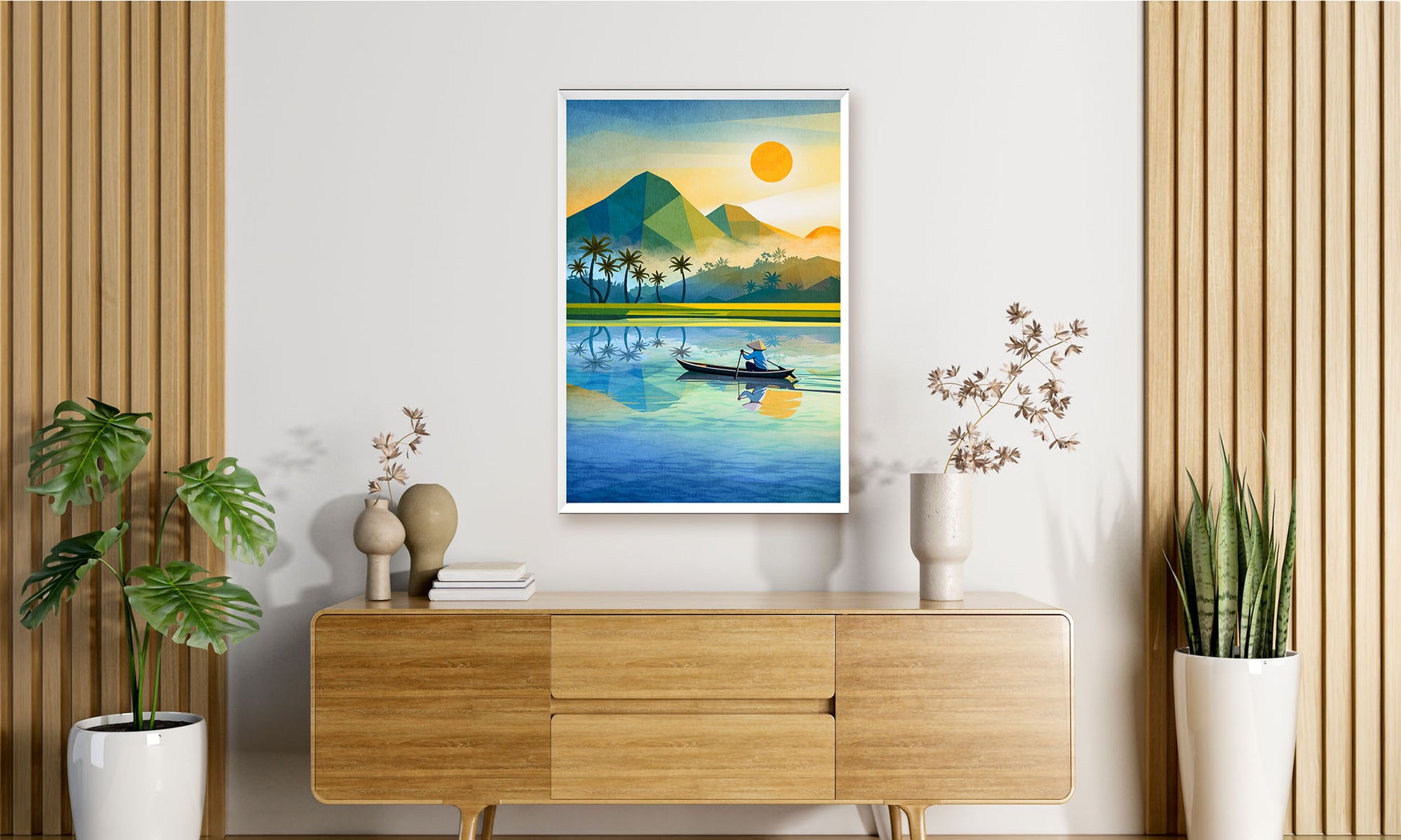 Modern mountain lake canvas wall art featuring a lone boat, reflective waters, tropical palm trees, geometric mountains, and a golden sunrise.