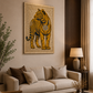 A framed wall art print featuring a golden tiger on a beige background, displayed above a cream-colored sofa in a modern, stylish living room with a wooden coffee table and a floor lamp.