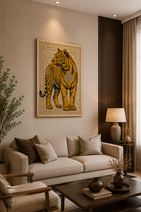 A framed wall art print featuring a golden tiger on a beige background, displayed above a cream-colored sofa in a modern, stylish living room with a wooden coffee table and a floor lamp.