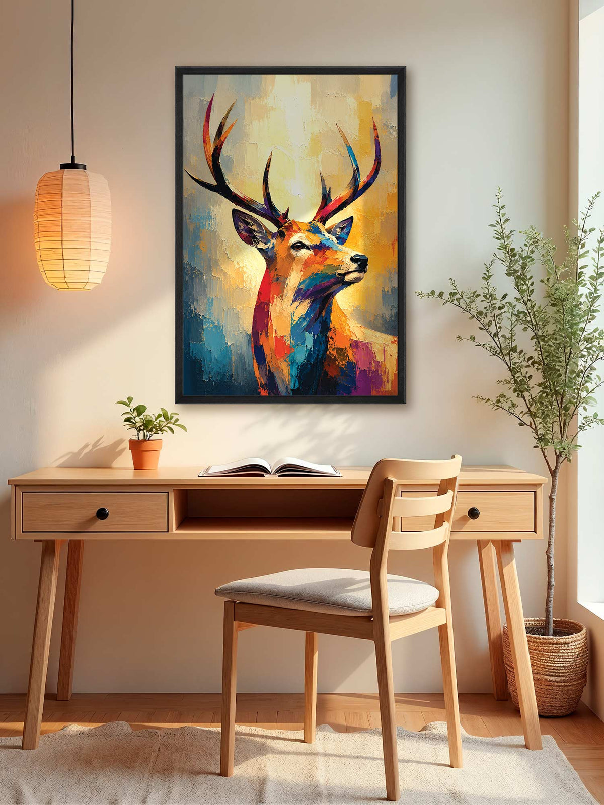 A colorful framed painting of a deer with large antlers hangs on a beige wall above a wooden desk and chair in a styled room with a hanging lamp and potted plant.