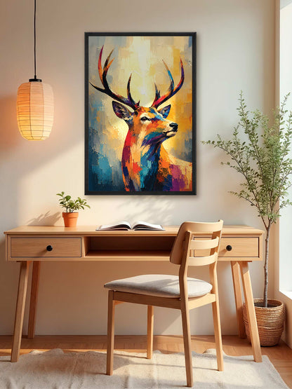 A colorful framed painting of a deer with large antlers hangs on a beige wall above a wooden desk and chair in a styled room with a hanging lamp and potted plant.