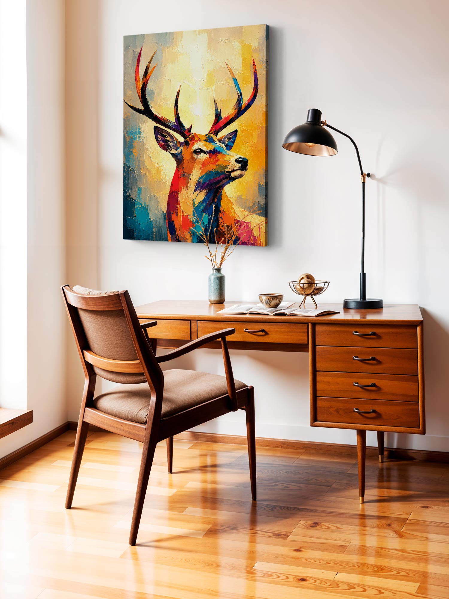 A colorful canvas wall art print of a deer with large antlers, displayed in a modern home office setting above a mid-century wooden desk and chair.