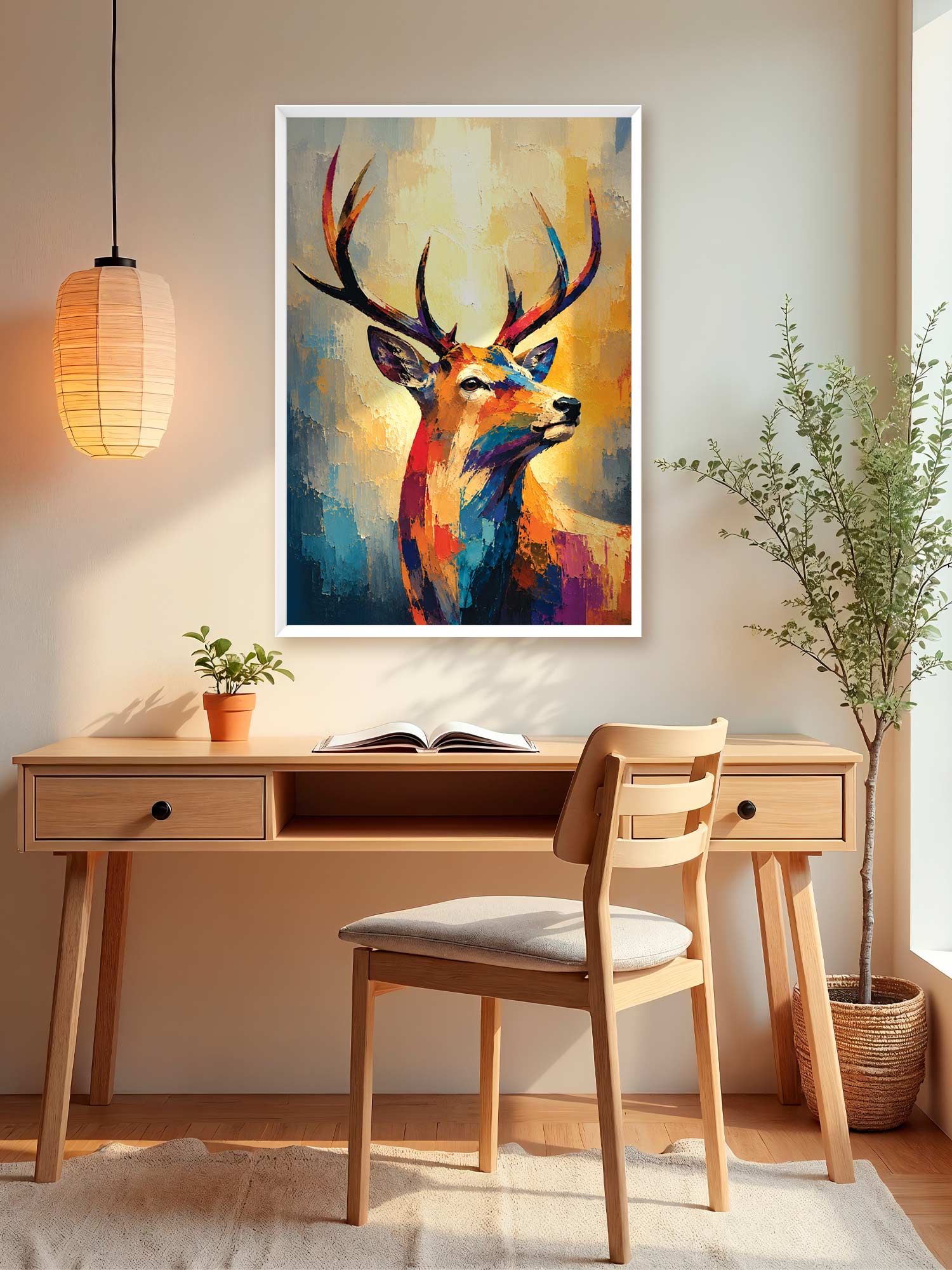 A colorful framed art print of a deer with large antlers hangs on a beige wall above a wooden desk and chair in a styled home office setting.