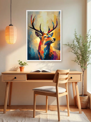 A colorful framed art print of a deer with large antlers hangs on a beige wall above a wooden desk and chair in a styled home office setting.