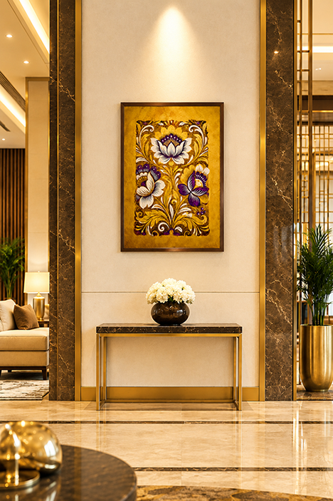 A framed golden canvas wall art piece featuring ornate floral motifs in gold, purple, and white, displayed in a luxurious interior hallway above a console table with a vase of white flowers.