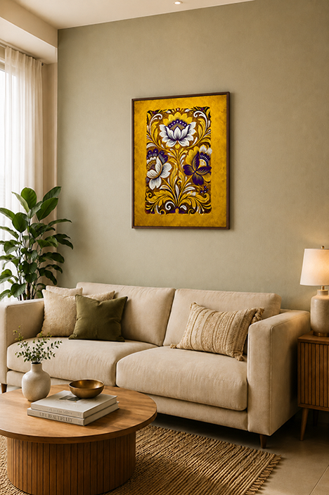 A framed vertical art print featuring a golden-yellow background with purple and white floral motifs, displayed on a beige wall above a cream-colored sofa in a styled living room.